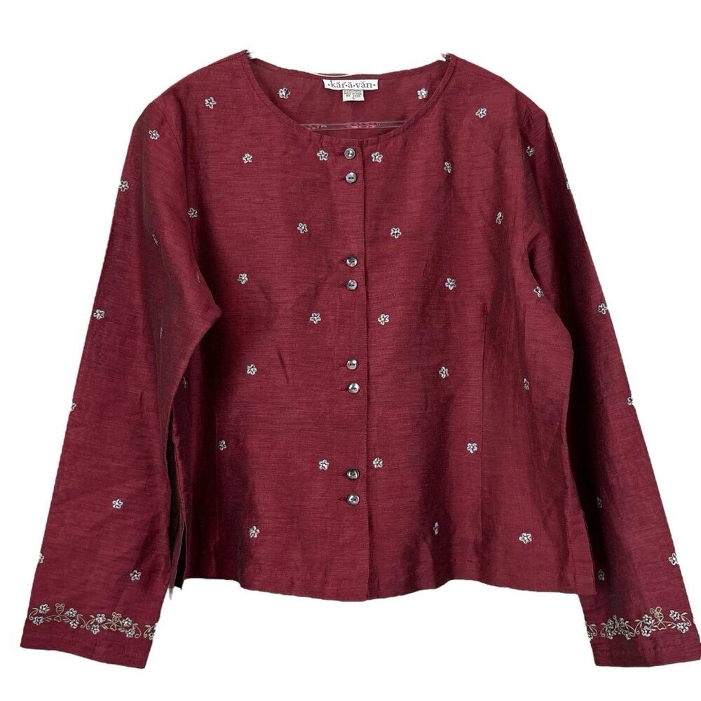 Vtg Karavan Embroidered Floral Buttoned Lightweight Jacket Top Maroon Red Size L